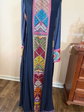 Navy Embroidered Panel Maxi Dress with Multicolor Accents